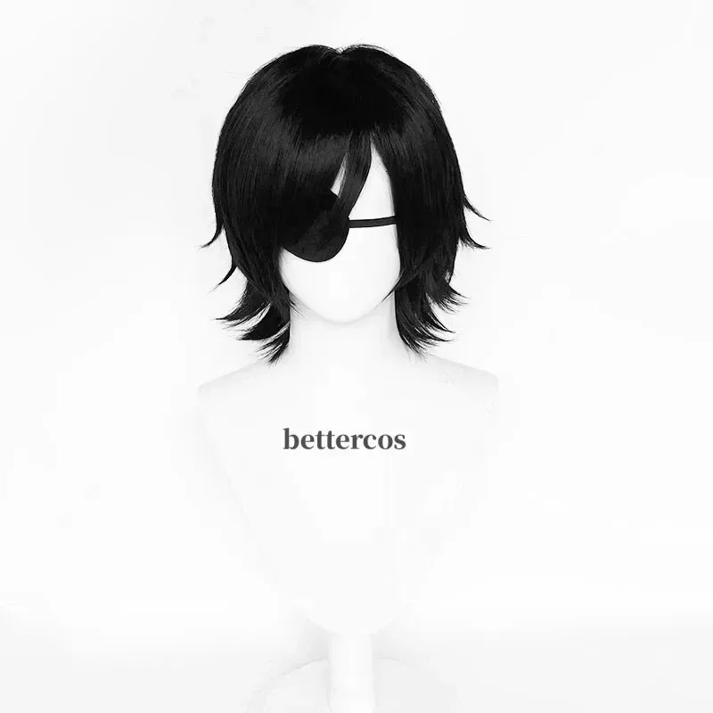 

2025 Himeno, черные короткие пушистые многослойные синтетические волосы с нашивкой на глаза, термостойкий костюм для вечеринок + шапочка для парика