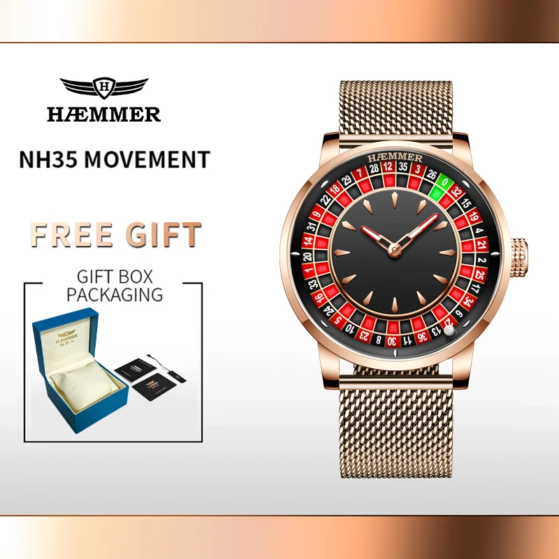 HAEMMER high-end design new mechanical watch NH35 rotating dial Las Vegas roulette desktop theme men\'s luminous waterproof watch