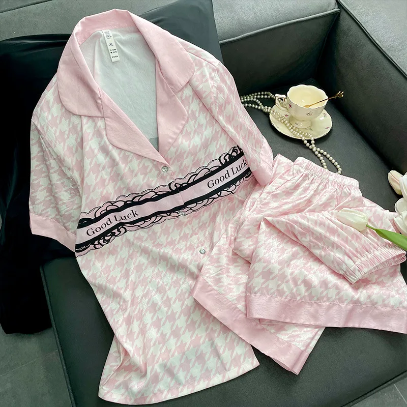 Lucky Star Printed Ice Silk Pajamas Suit Women Summer New Short-Sleeved Shirt Top+Shorts+Trousers 3-Piece Set Thin Home Clothes