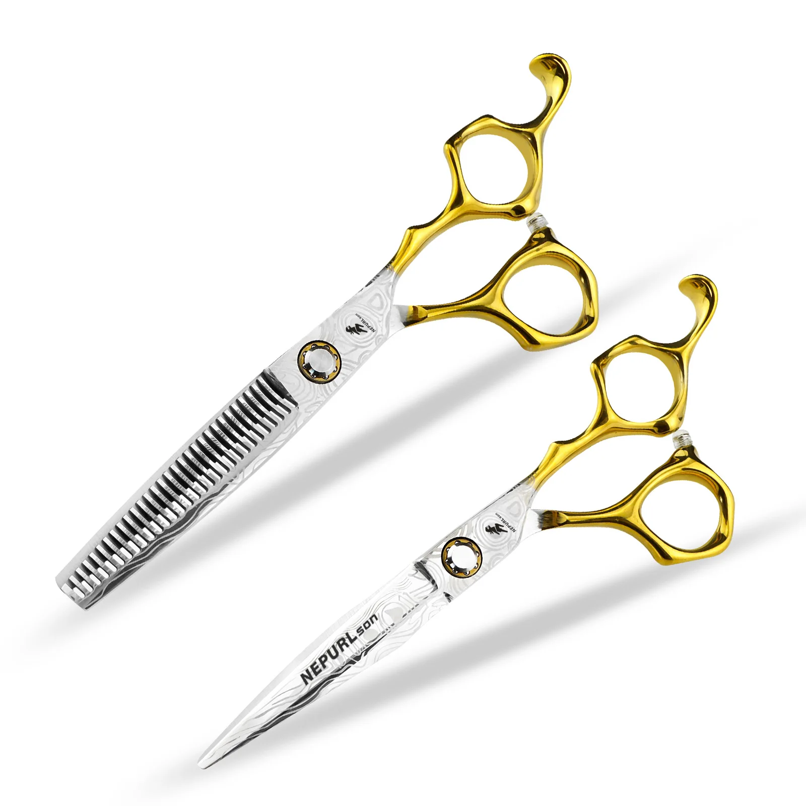 NEPURLSON 6.0-inch semi-gold Damascus pattern flat-cut hair scissors, professional styling tools