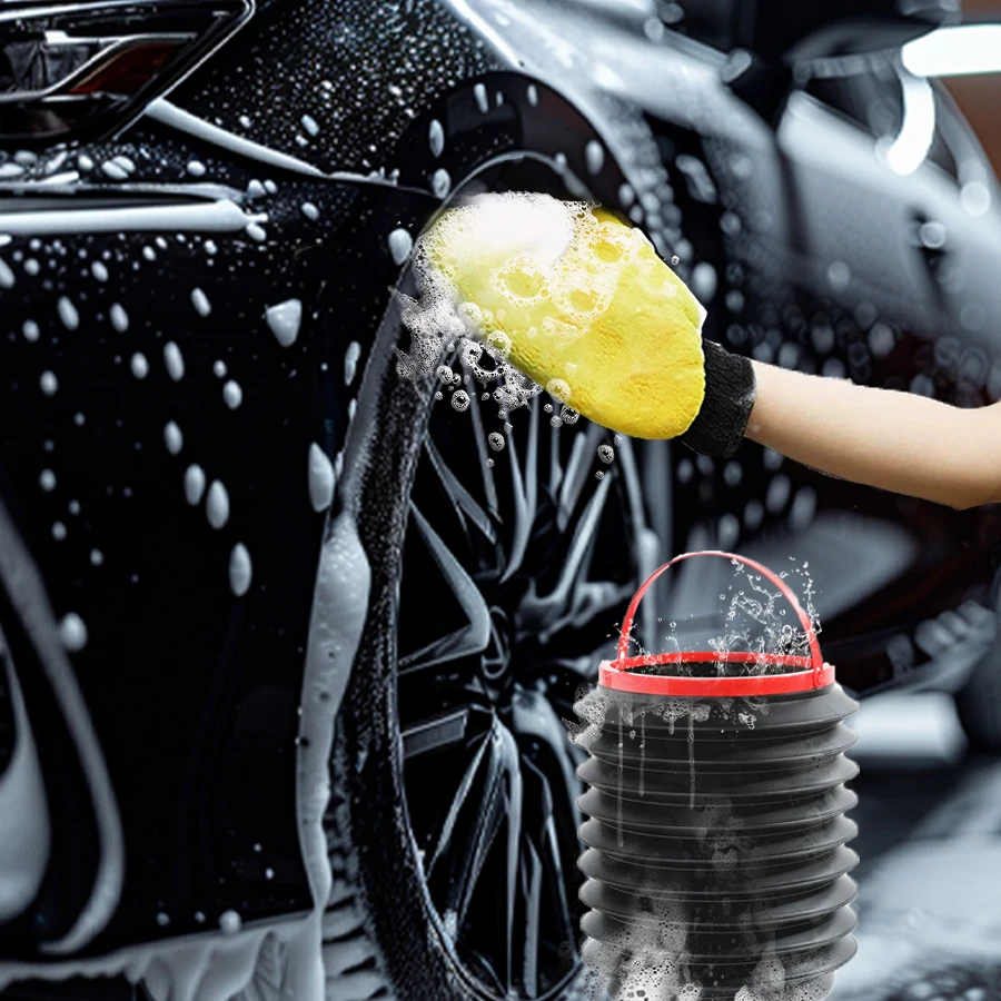 

2pcs Motorcycle Cleaning Set Coral Velvet Reversible Wiping Gloves with Folding Multifunctional Bucket