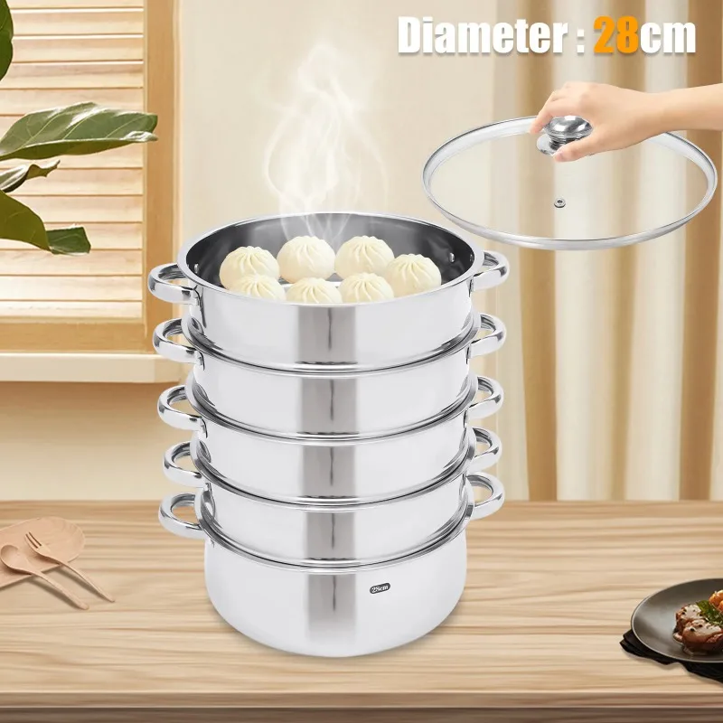 5-Tier Stainless Steel Steamer 11 Inch Large Capacity Food Steamer for Home Kitchen Cooking