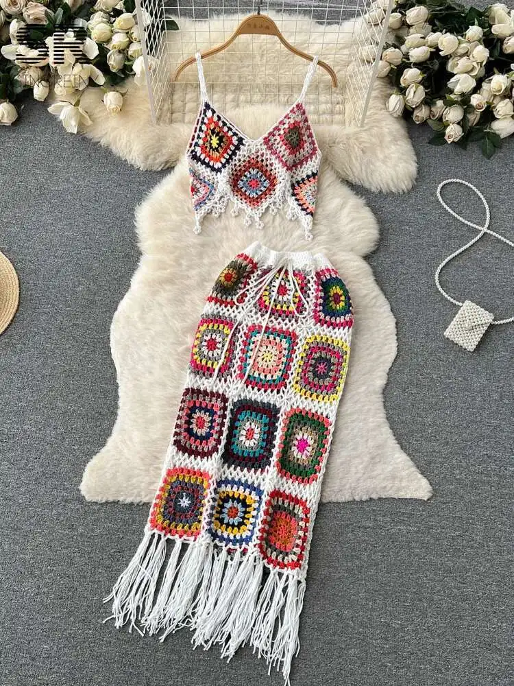 

BabYoung Hook Design Two Piece Knitted Set Irregular Camisole Hollow Out Elastic Waist Long Skirt Vacation Fashion Tassel Suits