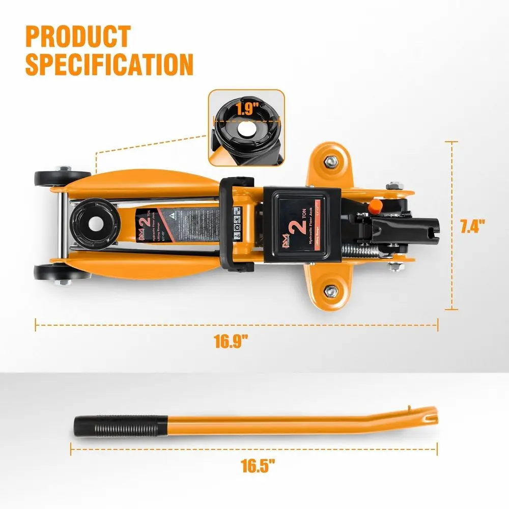 2톤 용량 저프로파일 유압 플로어 잭, 5.1-13 리프팅 범위, 오렌지색