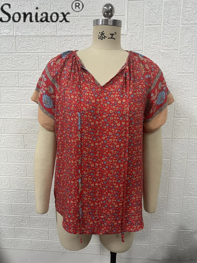 Blusa holgada informal con manga de hoja de loto para mujer, camisa con cuello en V, estilo étnico Vintage, Verano