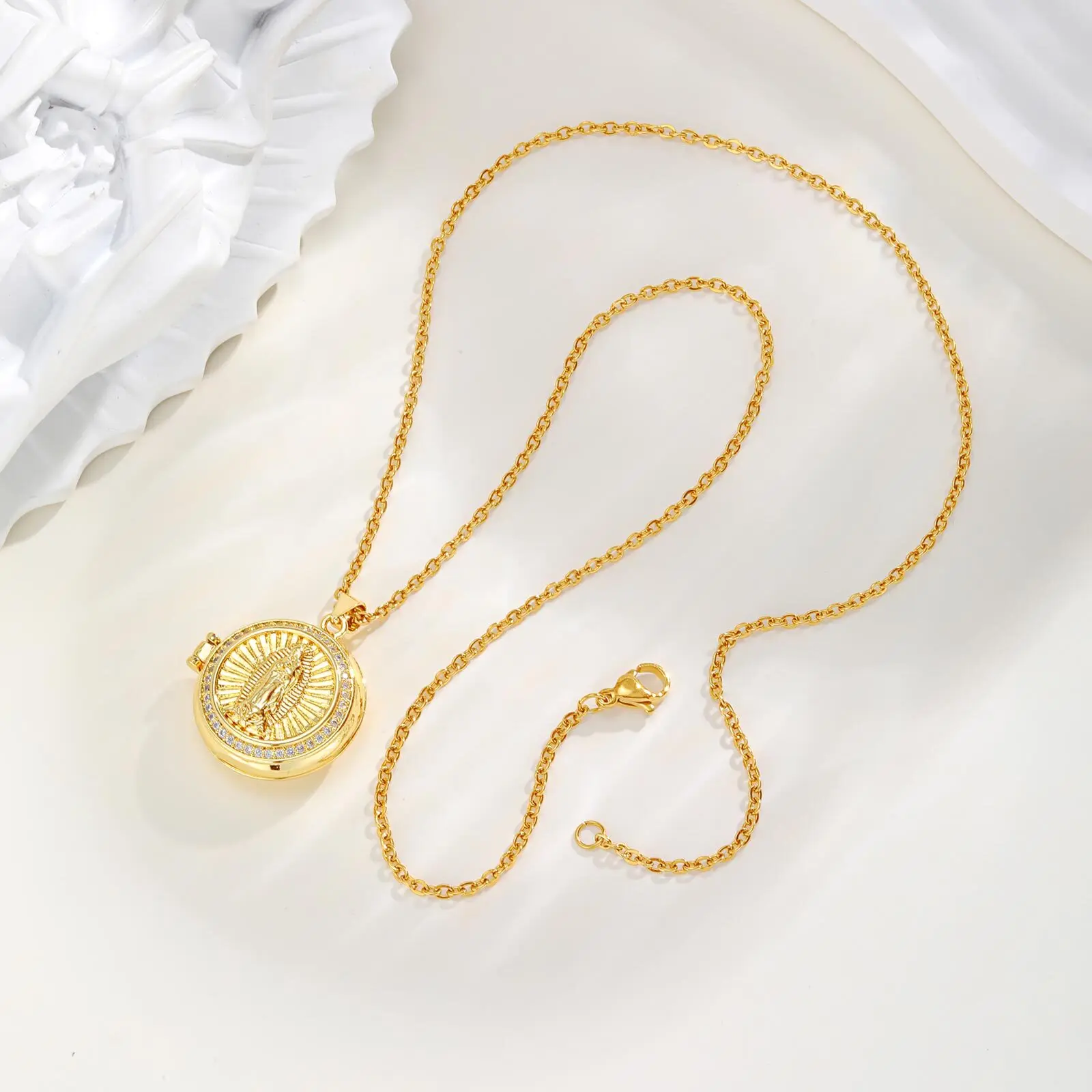 Gold Zircon Virgin Mary Pendant Necklace for Women