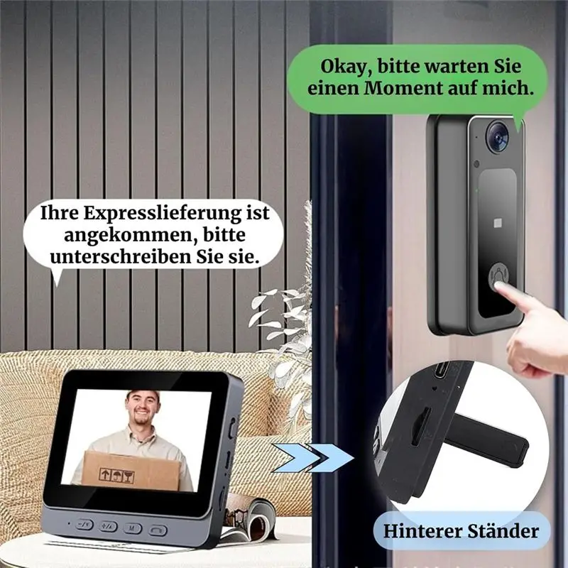 A42Z-Wireless Doorbell, Wide Angle Lens, Wireless Bell With Intercom Camera, 4.3 Inch Screen Video Night Vision Doorbell