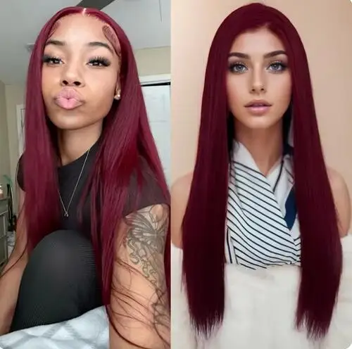 Wine Red Wig Synthetic Glueless Lace Wig For Women Natural Hairline Front Lace Wig Burgundy Long Silk Straight Hair Cosplay Wear