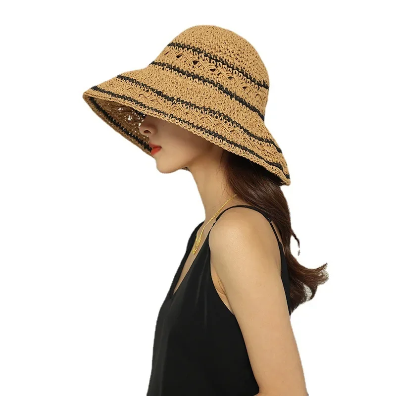 Beach Hat Women\'s Summer Panama Straw Bags Summer 2022 Straw or Wicker Cap Bucket Hat Sun Hats Stripe Sun Visor