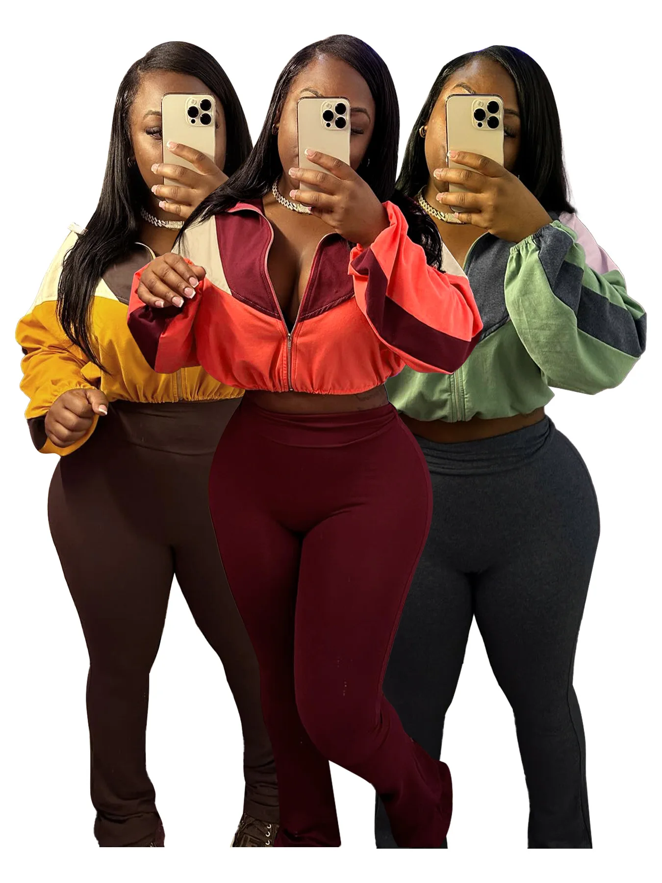 

Women Set Autumn Fashion Color Match Crop Jackets And High Waist Flared Pants Tracksuit Casual 2 Piece Set Workout Jogger Set