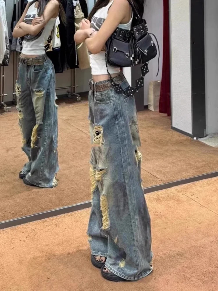 

American Style Vintage Hole Denim Pants Women plus Size Pear Body Shape Loose Wide Leg Floor Length Casual Trousers
