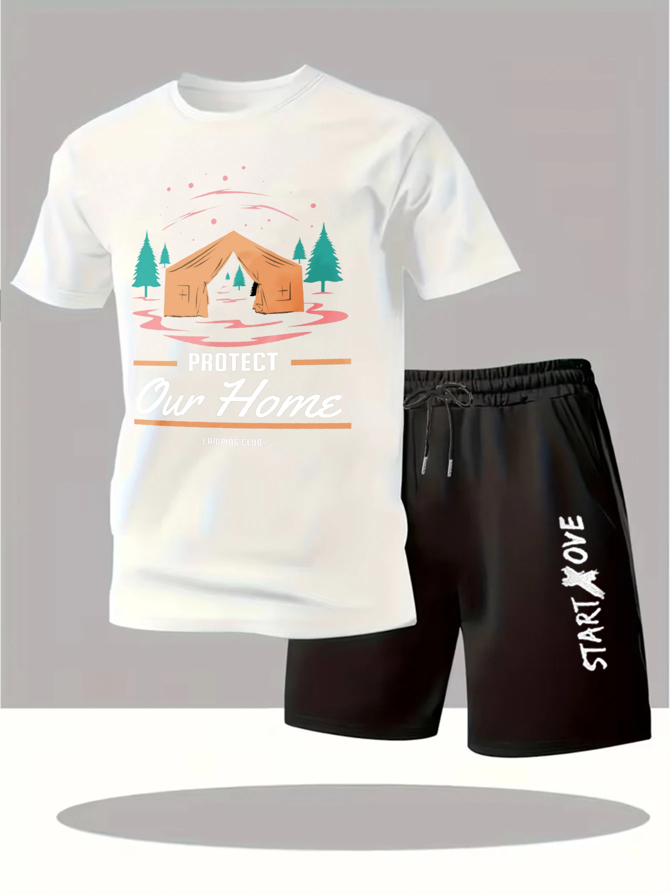 

Мужской спортивный костюм 2025: Новинка лета, комплект из толстовки с круглым вырезом и принтом, спортивные топы из полиэстера