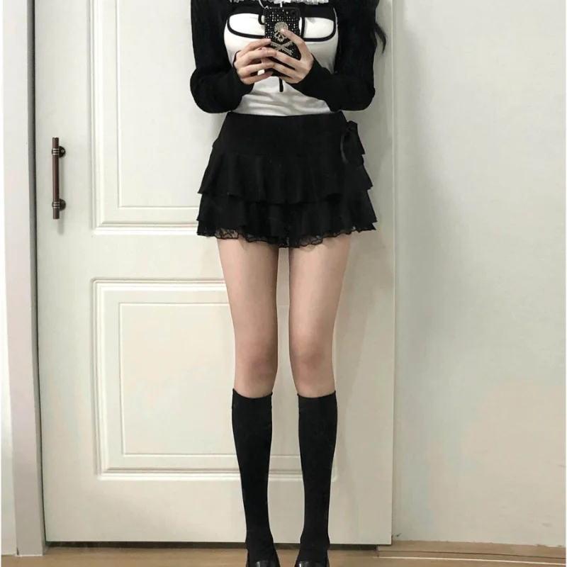 Black Lace Trim  Knot A-Line  Skirt Spring Autumn New Style Pure Desire Sweet Spicy Girl Casual Polyester Fiber