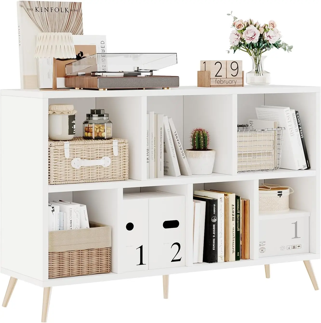 

7-Cube Storage Organizer with Solid Wood Legs, Mid-Century Modern Bookshelf, White