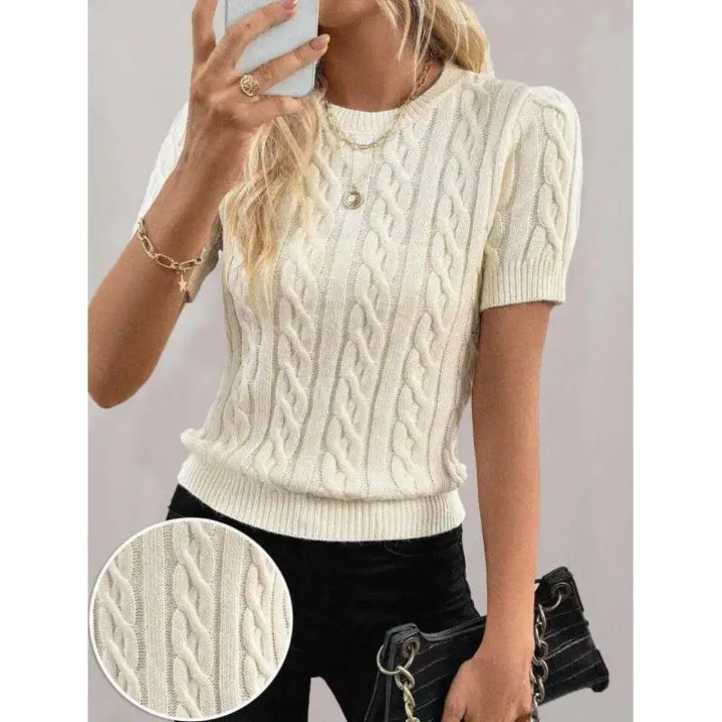 

Faionable Knitted Sweater round Ne Twist Rope Decoration Design Women's Ciwalk Collar Nine Sve Length Deformation