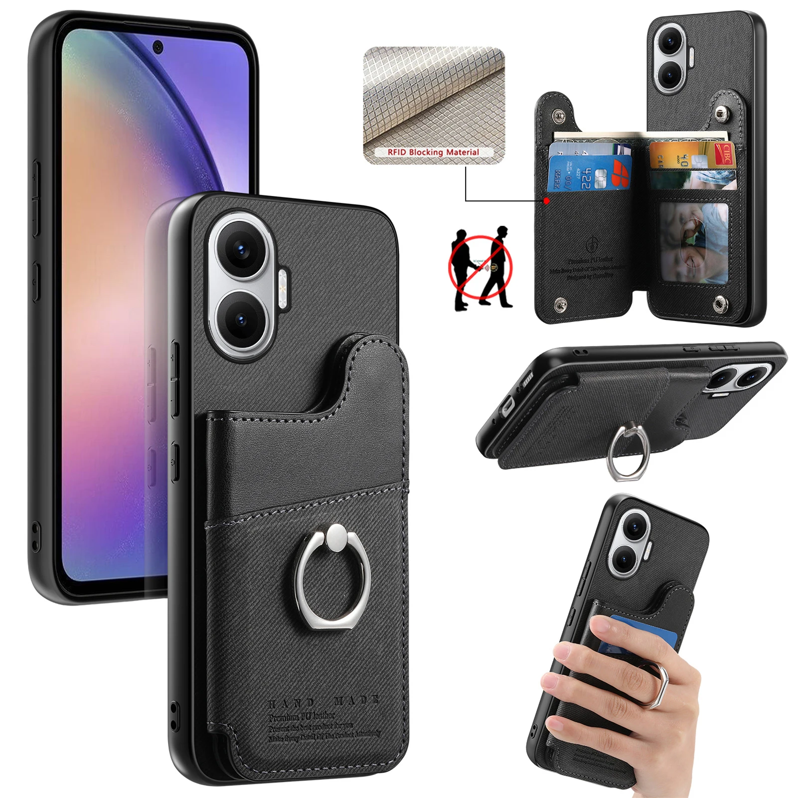 

For Xiaomi Redmi Turbo 4 Pro 5G Case with Card Holder Kickstand Leather + TPU + PC Phone Cover - Black