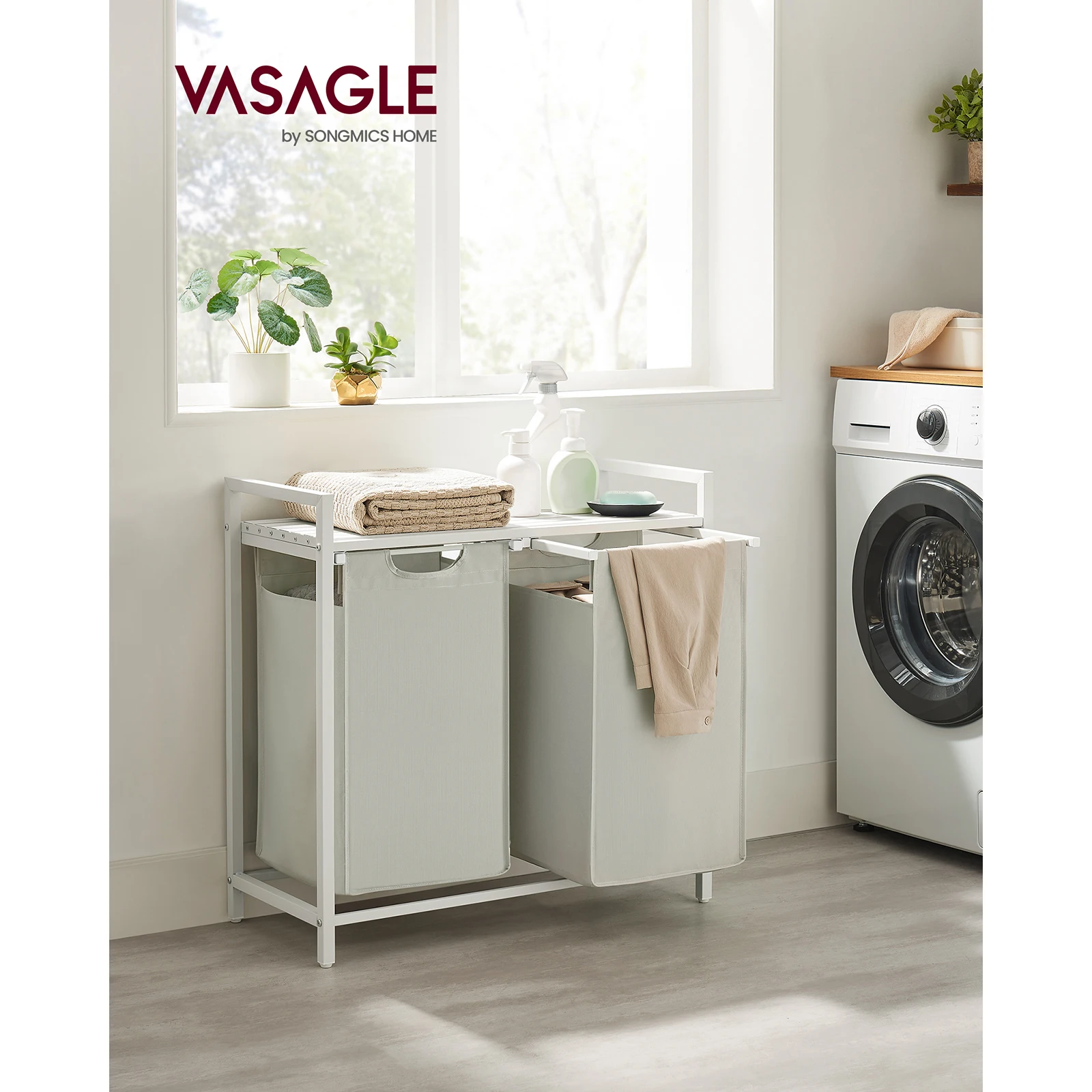 VASAGLE Laundry Basket, 2-Compartment, Pull-Out and Removable Laundry Bags,Metal Frame, 2 x 46L, 73 x 33 x 72 cm