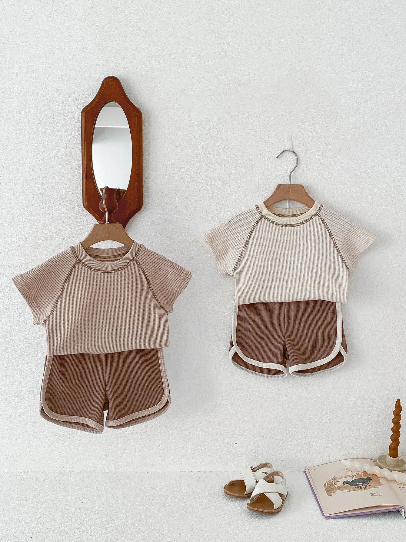 

Summer Soft Waffle Toddler Baby Clothing Set striped pure cotton boy T-shirt shorts set beach vacation girl short sleeved set