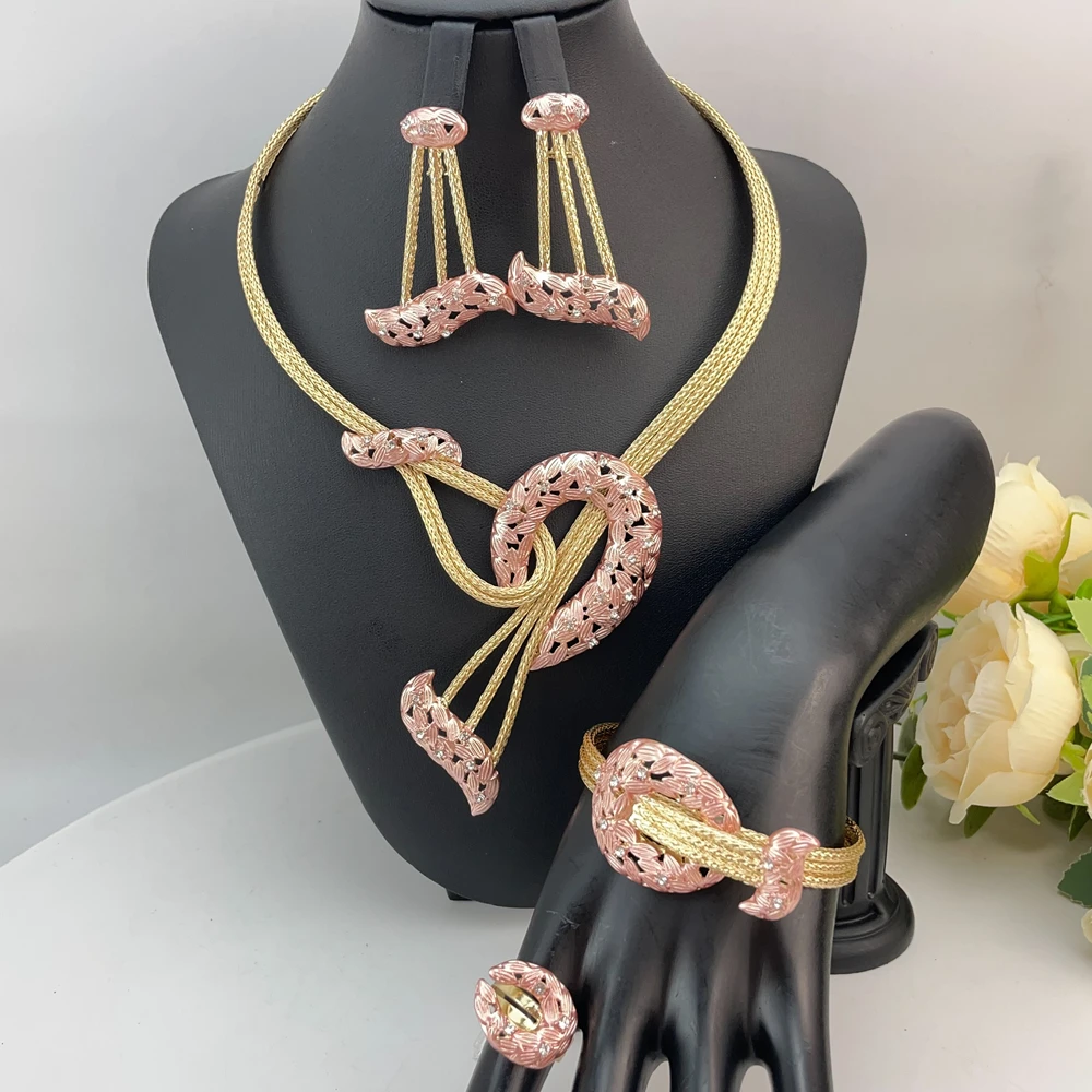 EMMA المرأة الأفريقية قلادة أقراط سوار فستان الزفاف حتى اكسسوارات طقم مجوهرات مطلية بالذهب الإيطالي FHK23157