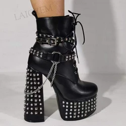 BERZIMER Women Ankle Boots Studded Zip Up Chains Thick High Heels Booties Ladies Shoes Woman Botas Mujer Big Size 41 43 45 50 52