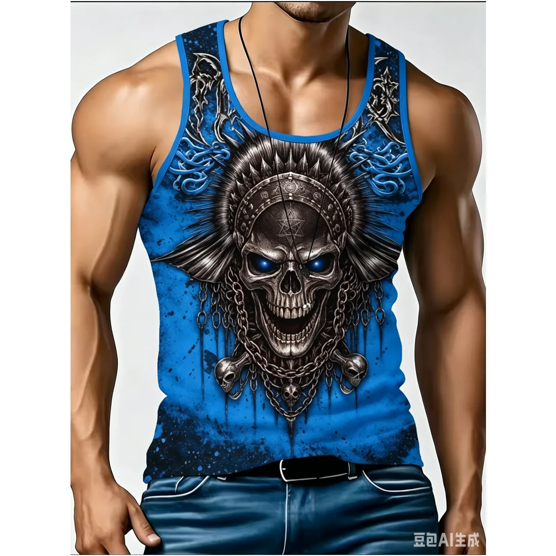 Men's Bright Gothic Tank, Red Eye Skull Chain Pentagram Graphic Sleeveless Vest For Punk Rock Streetwear Top