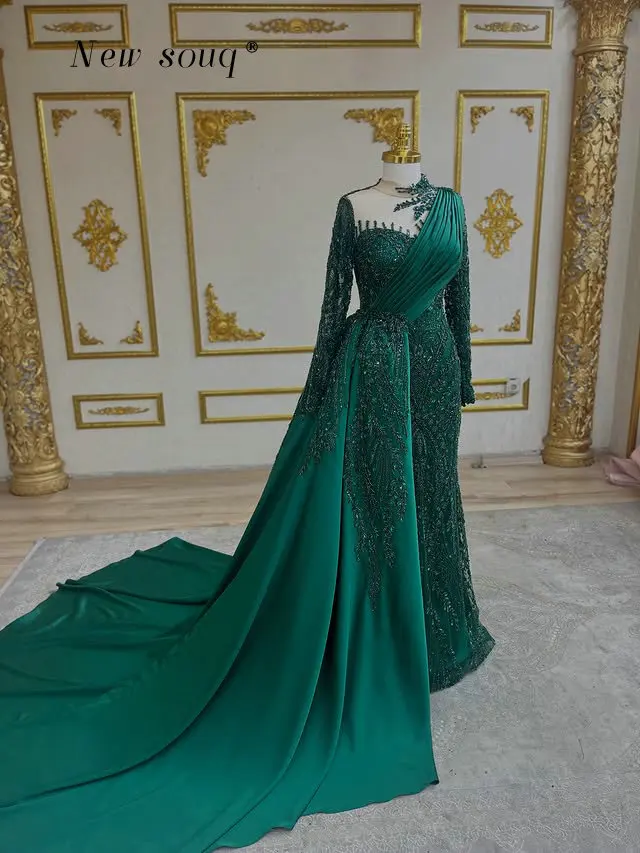 

Green Long Sleeves Beaded Prom Dresses with Side Overskirt Customized Mermaid Nikkah Arabic Formal Wedding Celebrity Gowns