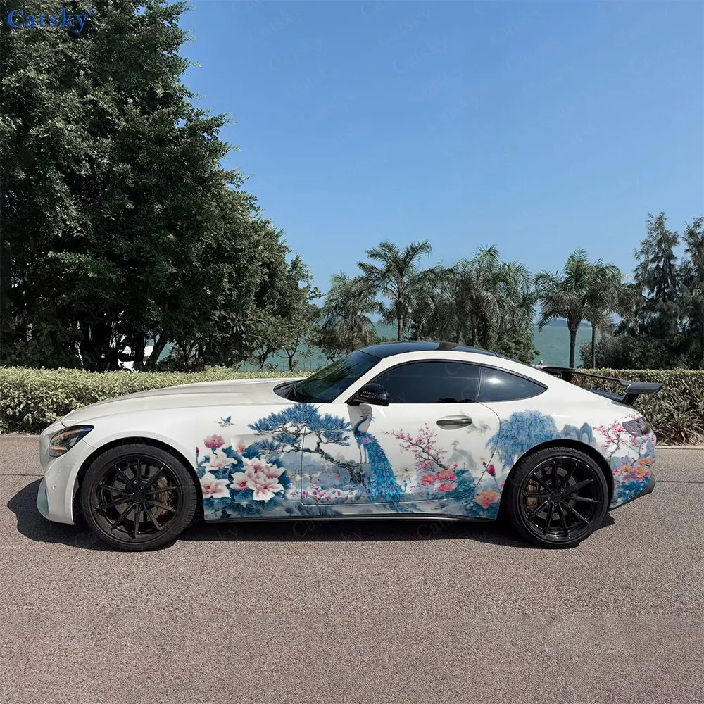 2pcs Brilliant Peacock Flower Trees Car Side Wraps, Self-Adhesive PVC Waterproof & Scratch-Resistant Sticker, Car Accessory Gift