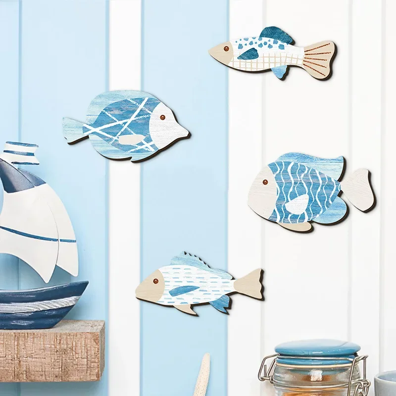 Nordic Bathroom Wall Decoration Wooden Hanging Decor Hanging Sea Fish Pendant Fish School Bedroom Home Wall Hanging