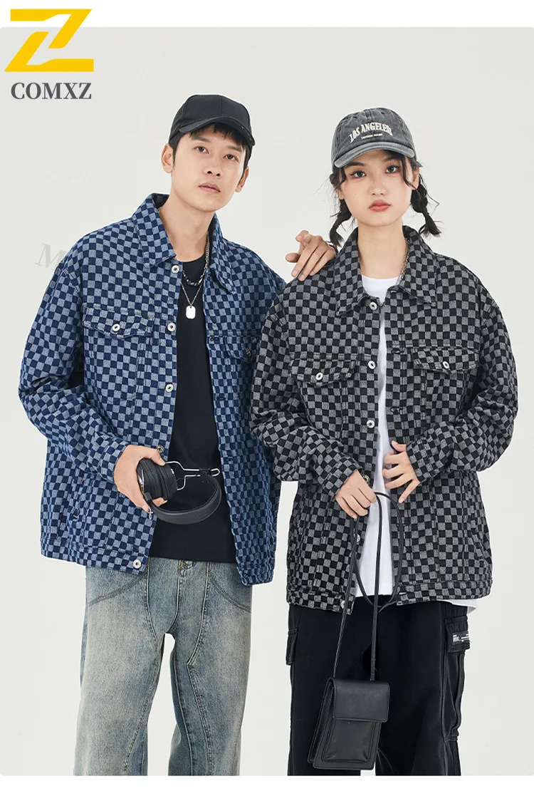 

Men's Casual Denim Jacket 2025 New Checkered Striped Fashionable Versatile Breathable Lapel Jacket Street Commuting Denim Jacket