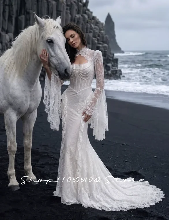 White Gothic Mermaid Wedding Dress High Neck Keyhole Bell Long Sleeve Lace Corset Boho Beach Bridal Gowns For Women Customized