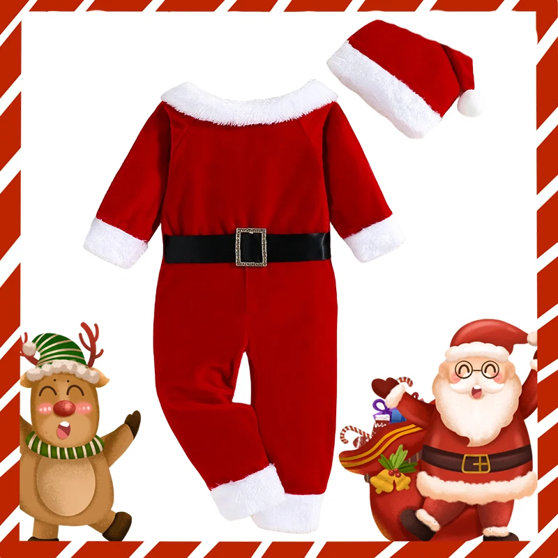 Christmas Baby Clothing Infant Red Santa Claus Style Long Sleeve Cotton Boys and Girls One Piece Hat Set Kids New Year Costume