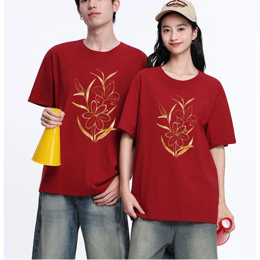 Golden Lily Floral Printed T Shirt Breathable Fabric S-XXL Personalized Custom Casual Short Sleeve Tee Aesthetic Graphic Top Uni