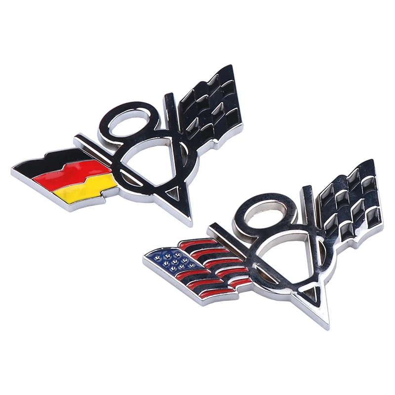 3D Metal V8 Emblem American Germany Racing Flag Badge Car Body Rear Trunk Decoration Sticker Decal Auto Modification  Accessorie