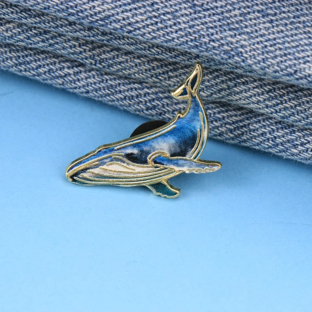 Gradient Blue Whale Enamel Pin, Ocean Animal Gold Trim Brooch, Marine Creature Metal Badge for Jackets, Backpacks & Hats