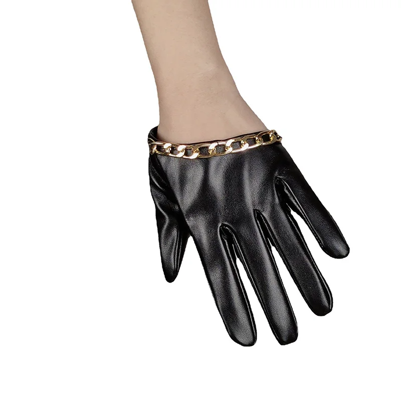 Women Gothic Punk Rivets Chain Rock Show Half Palm Full Finger Fitness Glove Female Night Club Pole Dancing PU Leather Mitten A4