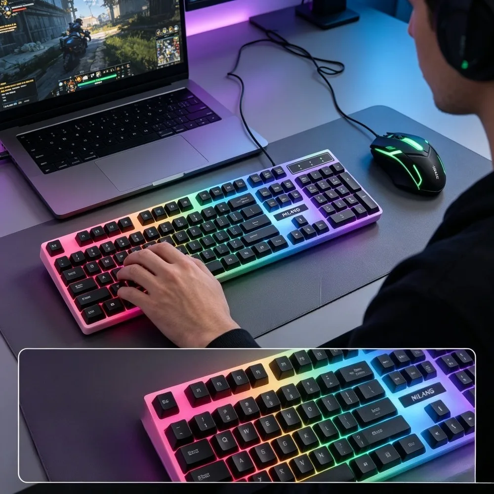 Rainbow backlit wired gaming keyboard and mouse set, plug and play wired keyboard and mouse combination, suitable for indoor leisure, e-sports and office peripherals of desktop and laptop computers view 2