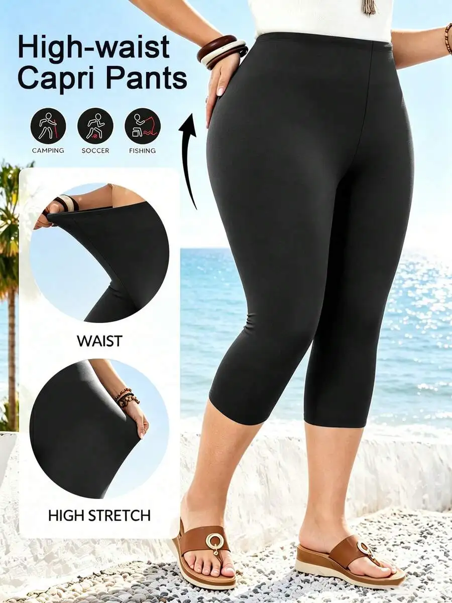 Plus Size Women's High Waist 7/8 Yoga Leggings, Elastic Comfortable Fitted Casual Capri Pants For Spring/Summer Sports