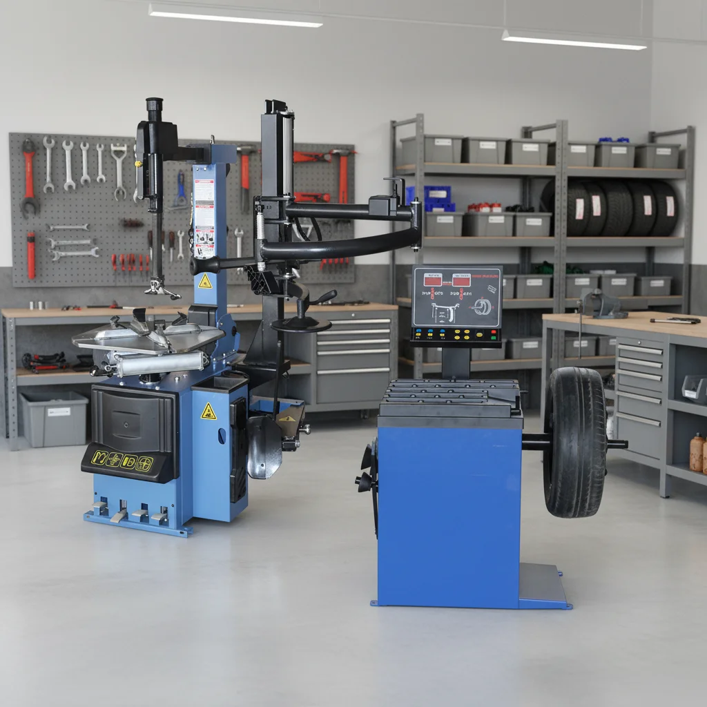 Semi-Auto Tire Changer with Right Assist Arm + Wheel Balancer Package
