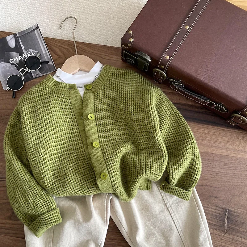 

Girl's Sweater Children Lazy Style Long Knitted Sweater Coat Solid Color Loose Single-breasted Cardigan Mid-length Sweater Coat