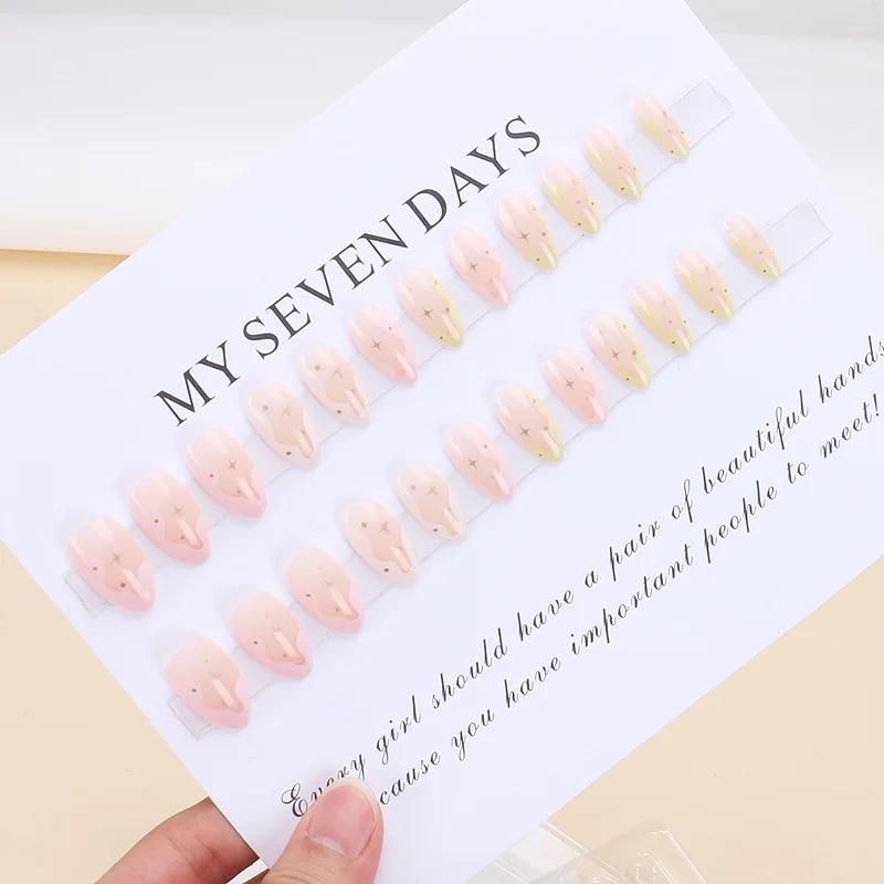 24 Pcs Aurora French Summer Nails Beauty Sweet and Gentle Round Head false nails press on Almond Nail Short Nails Press On ﻿