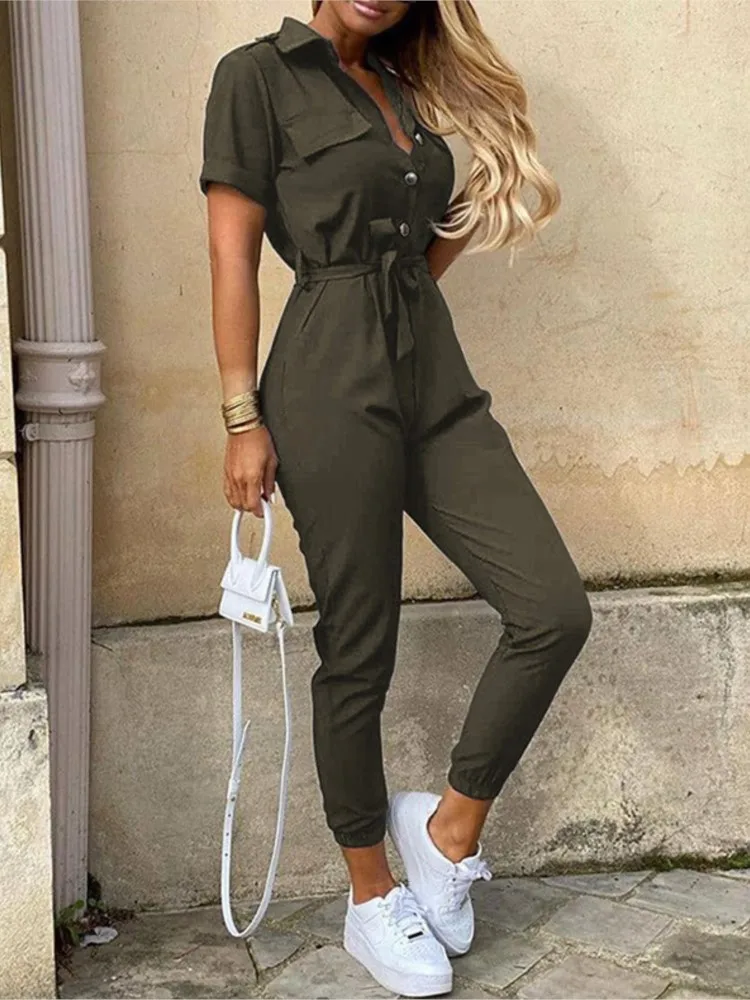 Jumpsuit Casual Printed Workwear Jumpsuit With Belt High-waisted Trousers Women's Rompers Casual Commuting One-piece Pants Y2K