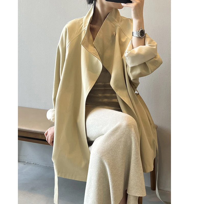 

Oversized Khaki Coffee Bandage Long Trench Coat for Women One Button Loose Casual Korean Fashion Overcoat 2025
