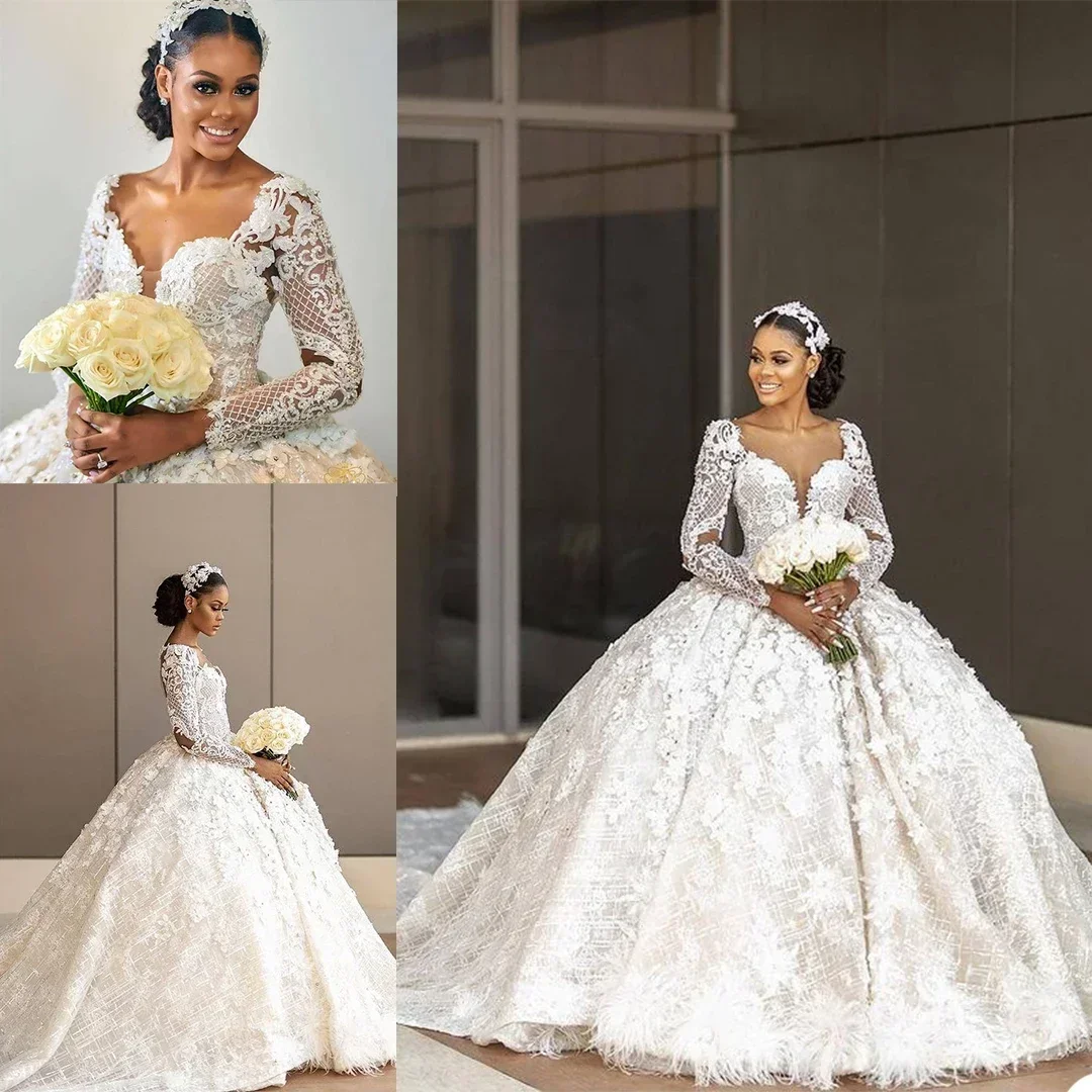 

Customized Square Neck Appliques Lace Ballgown Wedding Dress Robes De Mariée Illusion Full Sleeves Puffy Plus Size Bridal Gown