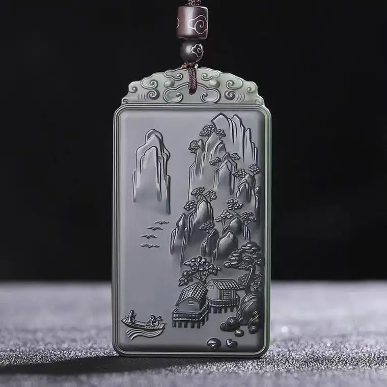

Natural Hetian Jade New Ink Jade Landscape Brand Pendant Jade Pendant Jade Carving