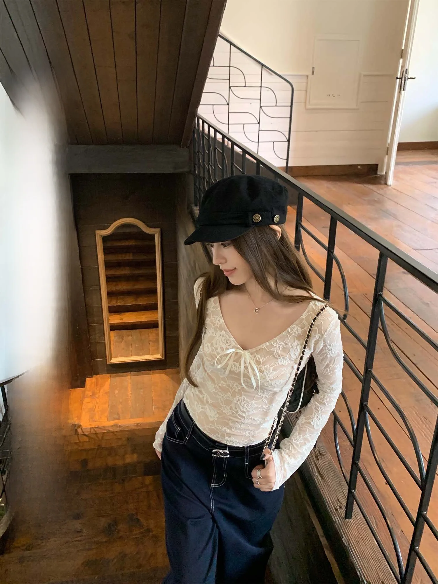 

Hhyii Afternoon Garden Unique Slim Fit Women's Lace Camisole T-Shirt Long Sleeve V-Neck Base Shirt Inner Wear Casual Style