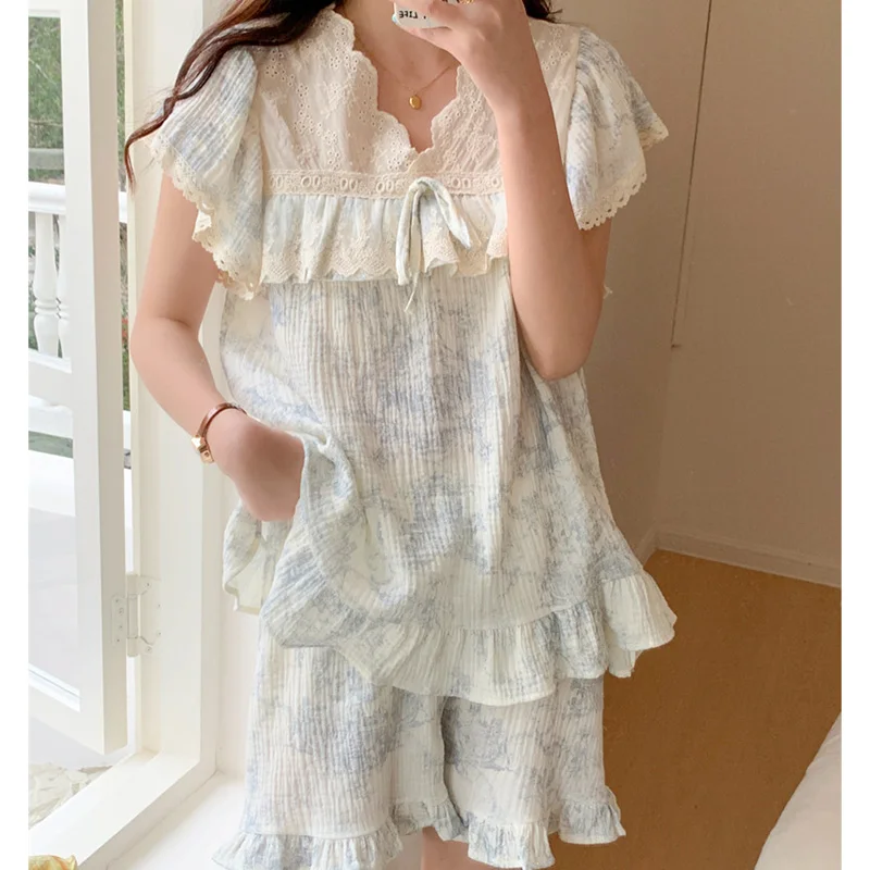Cotton Lace French Sweet Ruffles Nightwear for Girls Women Cute Home Suit Sleepwear Summer Pajama Set