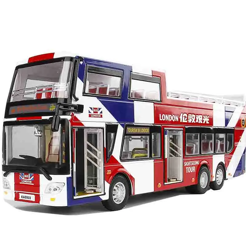 Schaal 1:42 HongKong London Sightseeing speelgoedbus, stadsdubbeldekker metalen modelauto terugtrekkend geluids- en lichtcollectie voor jongens