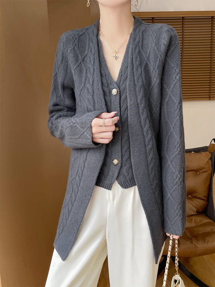 

100% Merino Wool Women's Cable Knit Cardigan Coat Warm Slim Fit Elegant Casual Autumn Winter Fashion High Quality Vintage Tops