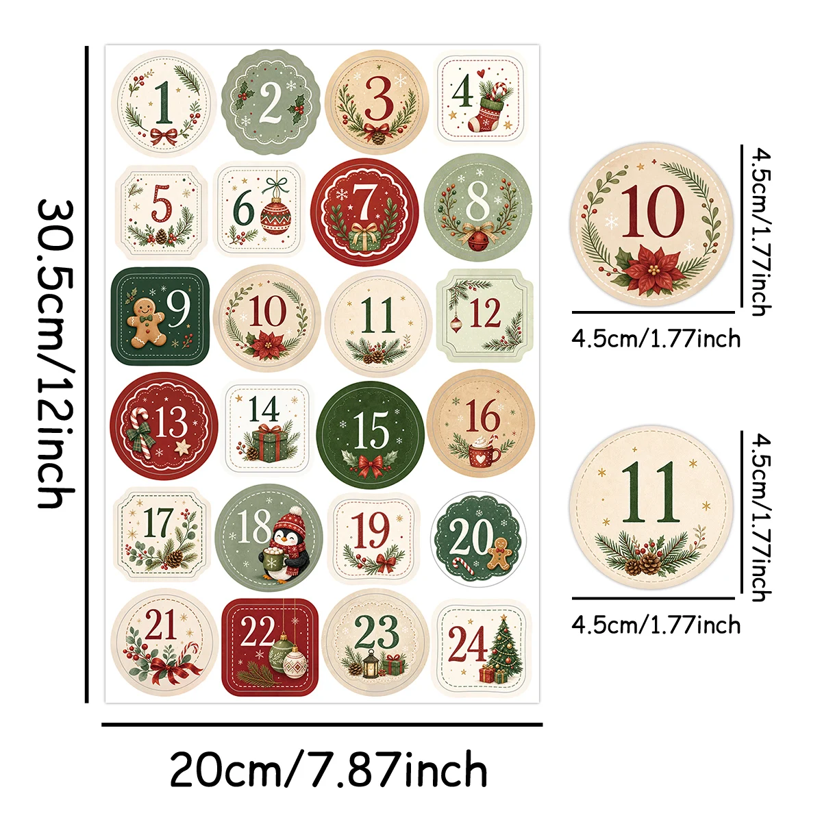 96 Stück – 4 Blatt Weihnachts-Adventszahlen-Aufkleber, 1-24 Countdown-Aufkleber, Zubehör zur Herstellung eines Adventskalenders, Geschenkverpackungsanhänger, Dekoration – Detail 6