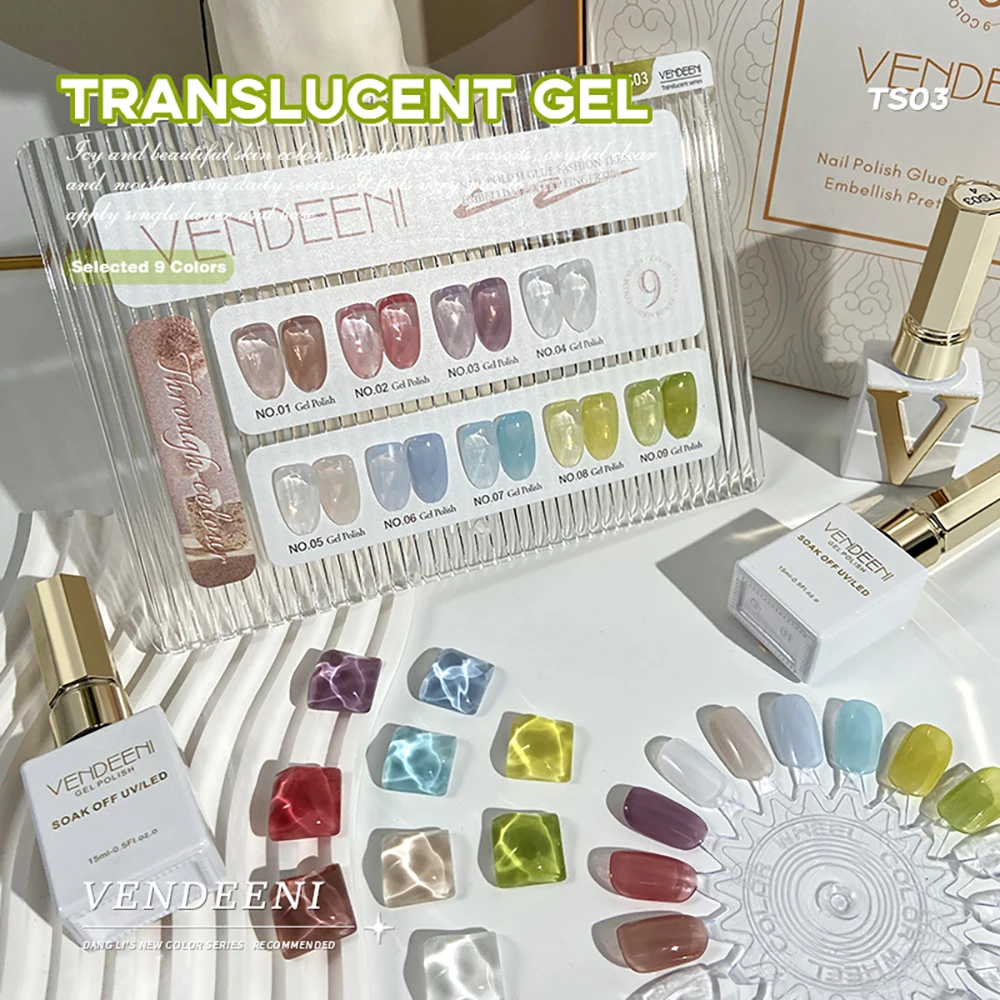 Vendeeni 9 Color Transparent Gel Nail Polish Semi Permanent Colorful Jelly UV LED Soak Off Gel Varnish Jade Nail Art Gel Lacquer